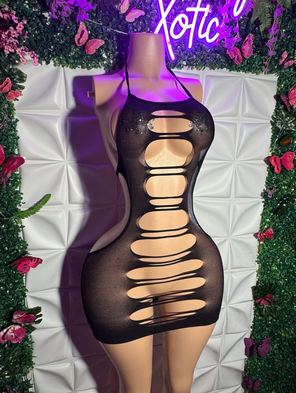 Seductress Curvy Cut Out Mesh Dress with Knee High Garter Stocking Fits All Sizes