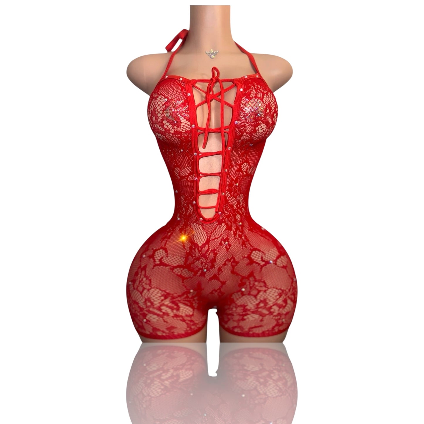 Hoodcess Lace Fishnet Backless Romper Fits XS-M