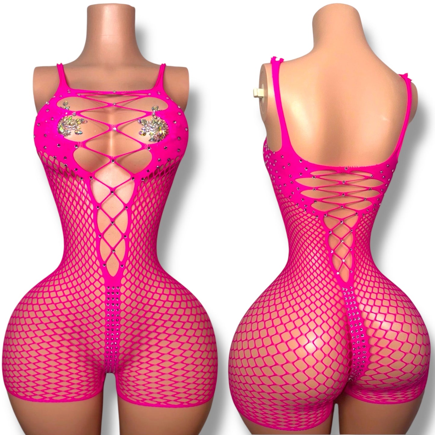 Divine Rhinestone Fishnet Romper Fits XS-L