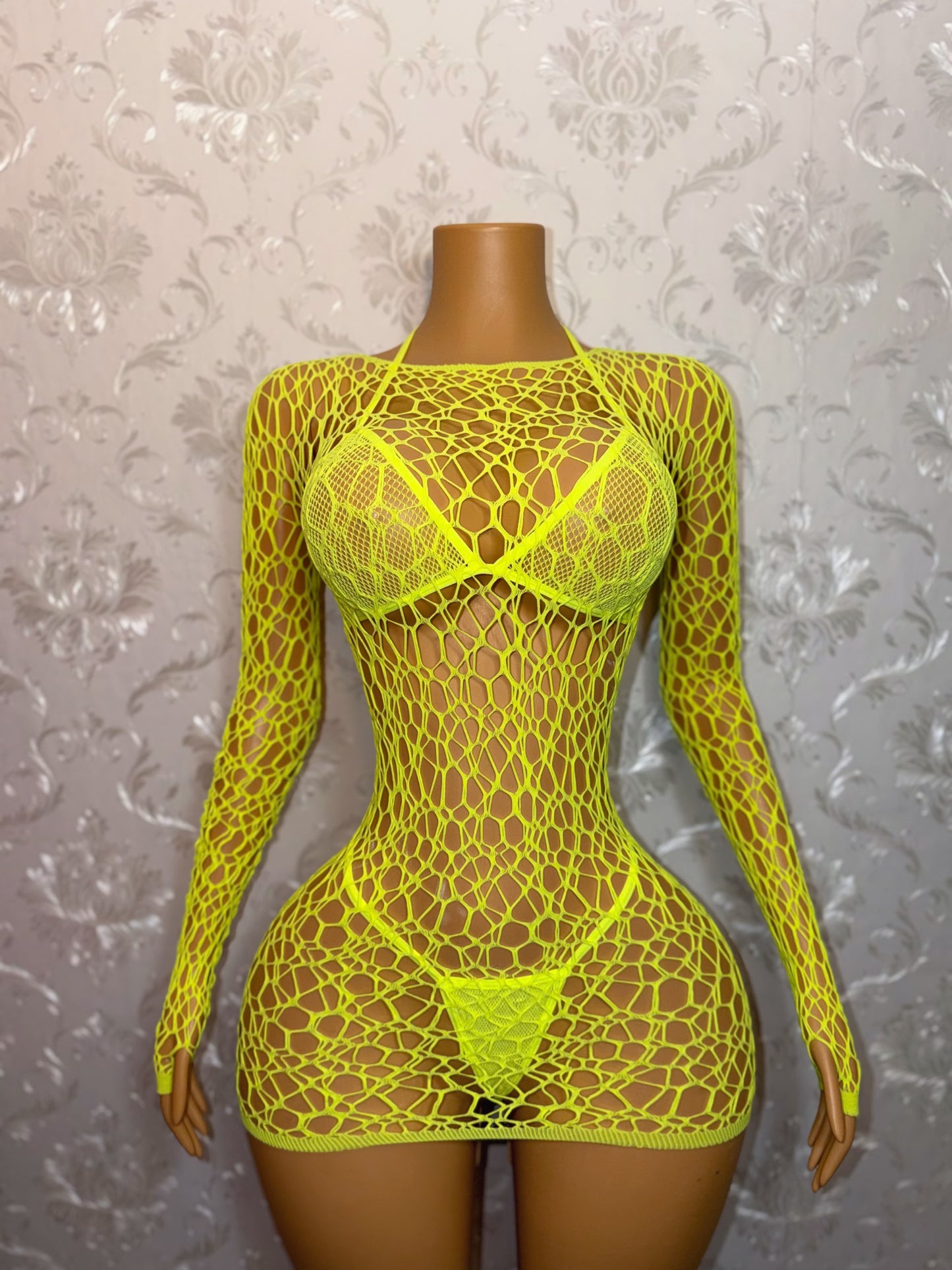 Electra 3 Piece Fishnet Dress and Bikini Set Fits XS-L