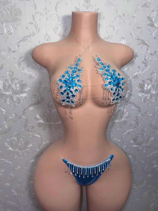 Aqua Blue Dripping In Diamonds Crystal Bikini Birthday Set
