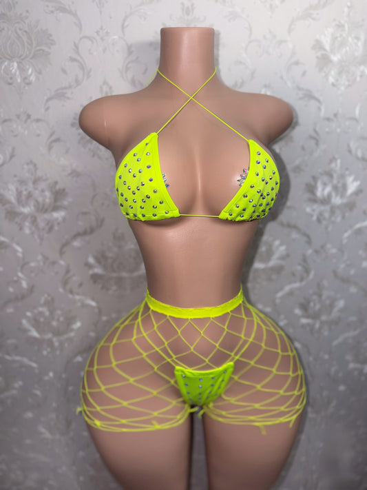 Martina 3 Piece Bikini and Fishnet Shorts Fits XS-L
