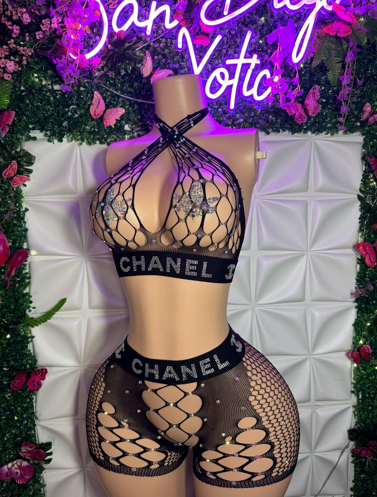 WAP — Two Piece Rhinestone Fishnet Shorts Set