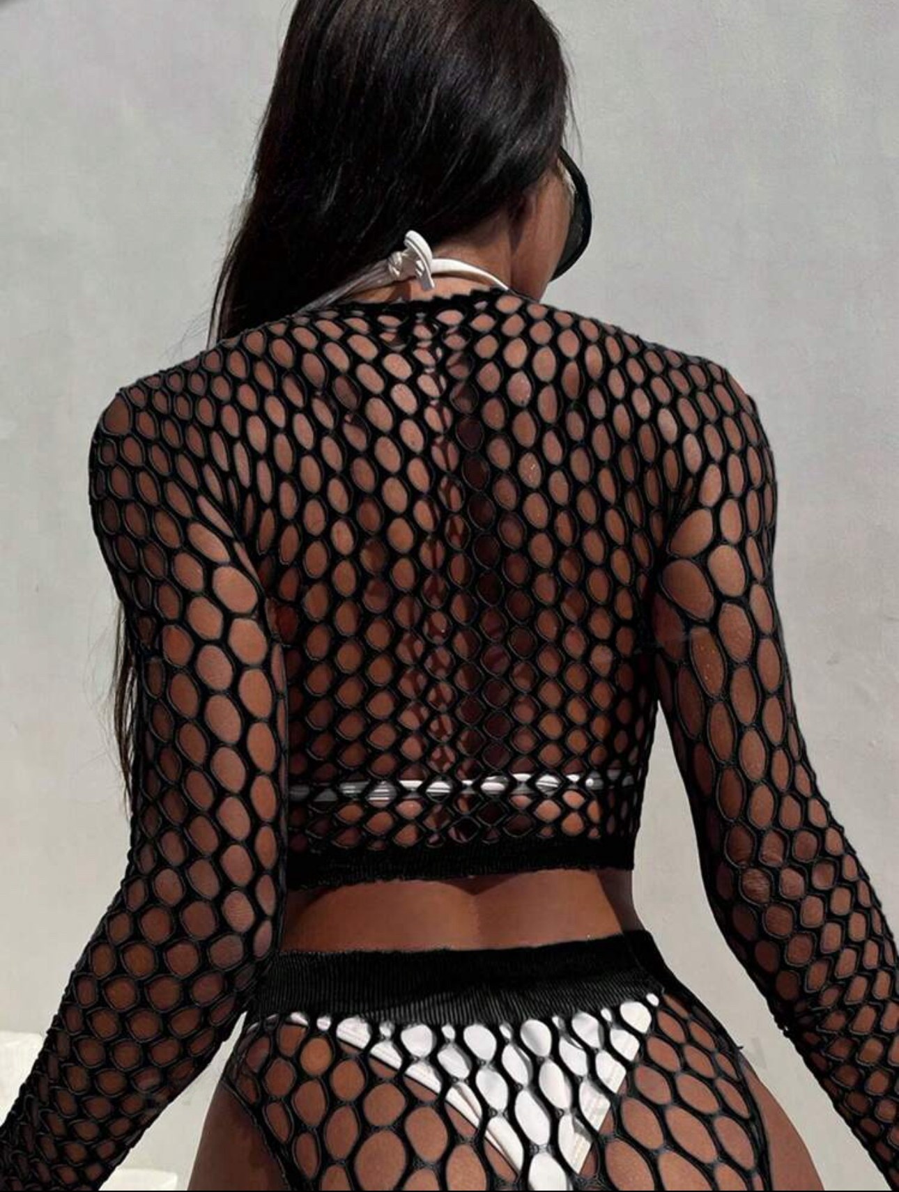 Damaris Fishnet Long Sleeve Crop Top and Thong Set Fits XS-XL