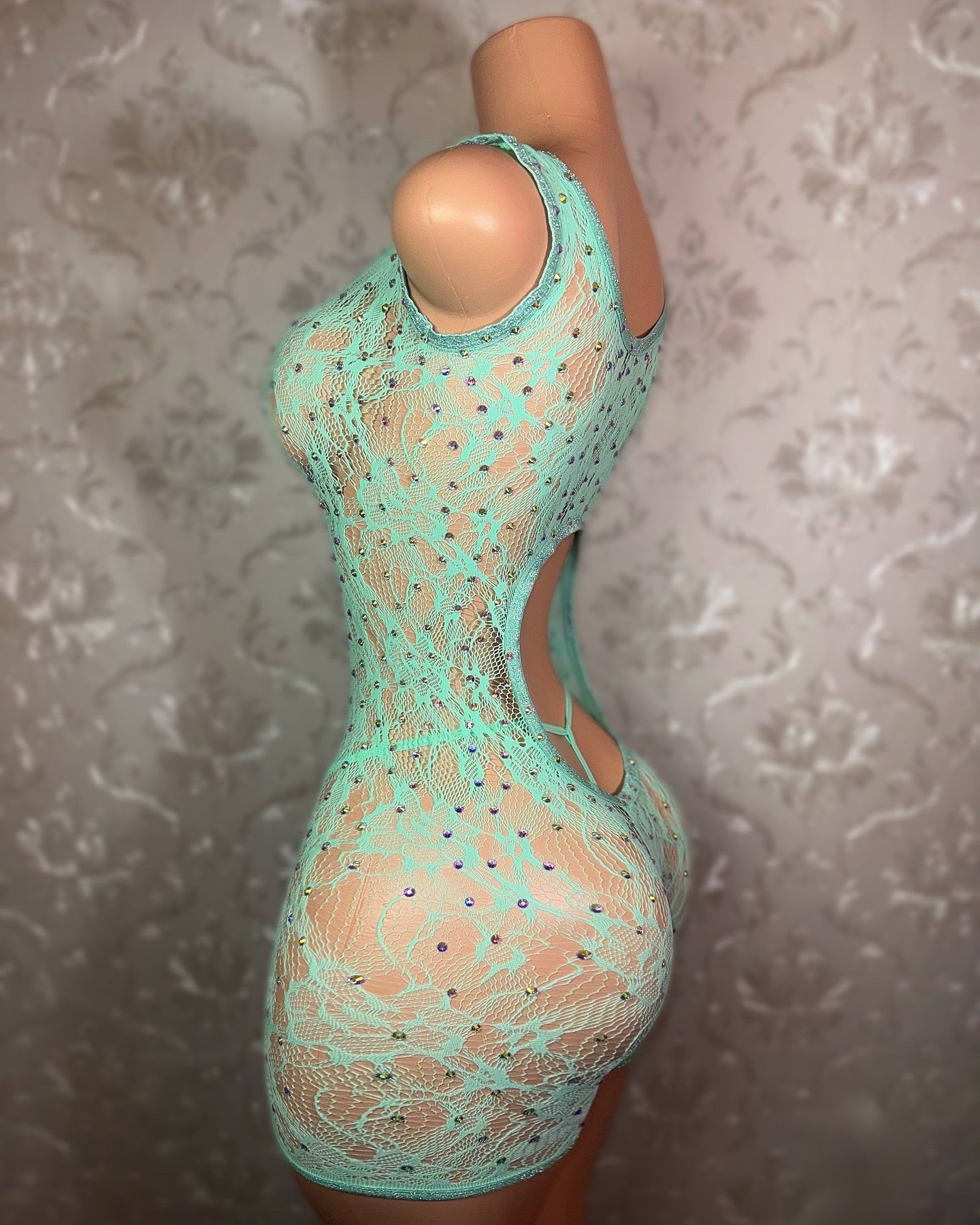 Enchantress Rhinestone Lace Fishnet Romper Set Fits XS-L