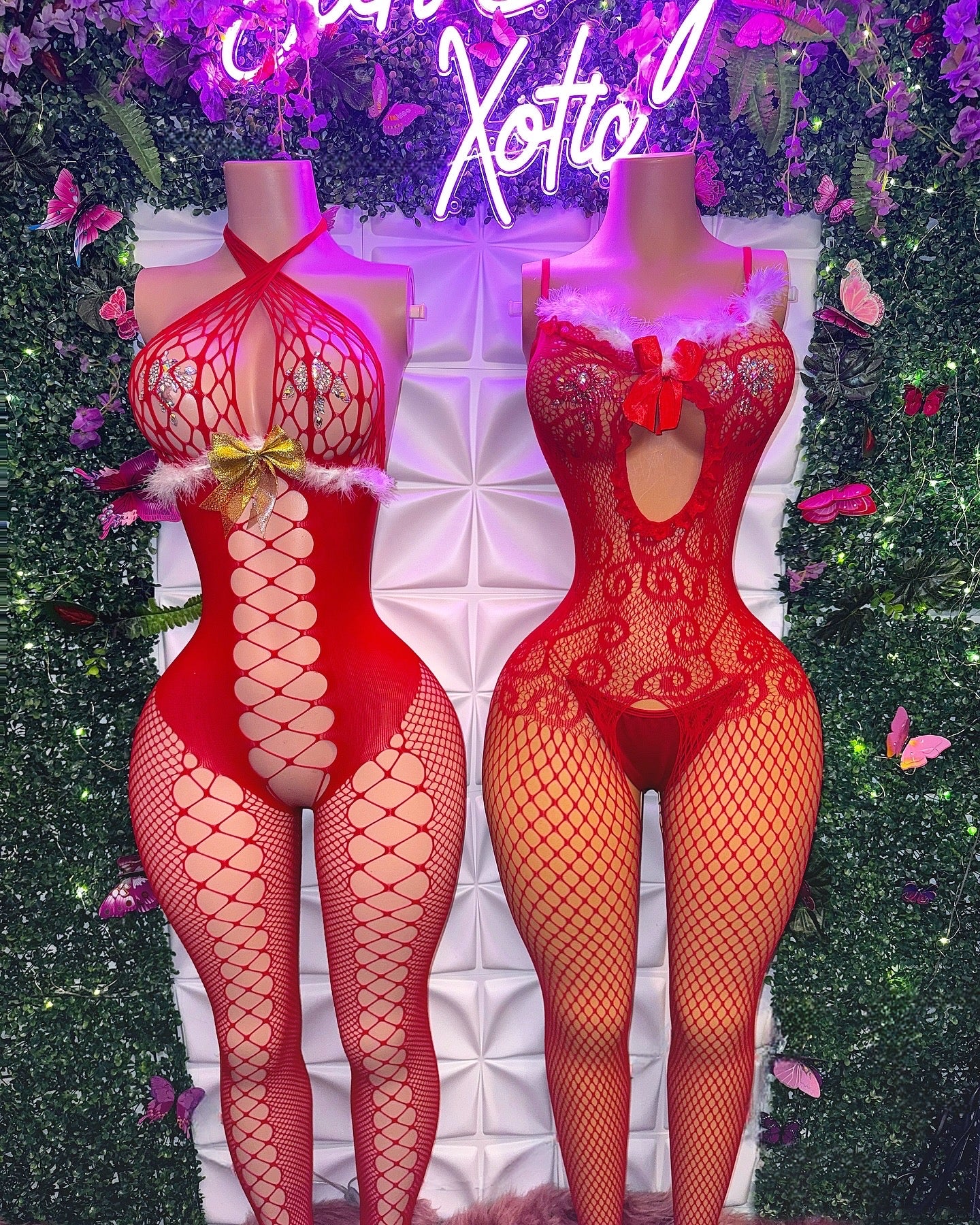 Jingle Bellz Lace Bodystocking Fur Trim and Bow Fits XS-L