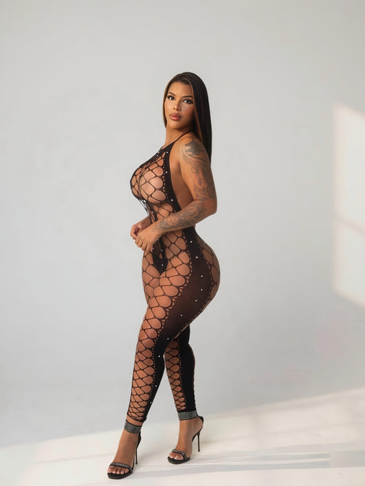 Giana Halter Fishnet Bodystocking Optional Rhinestones Fits XS-L