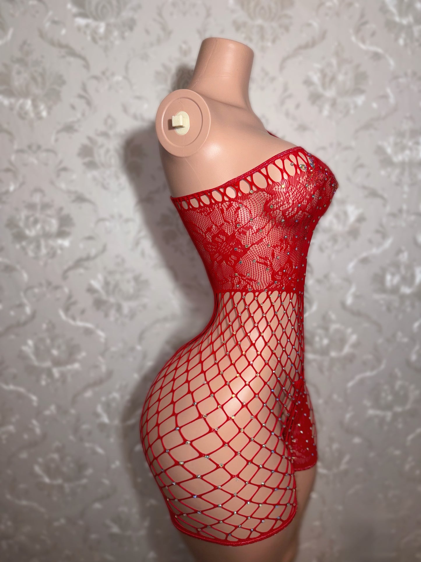 Lace Detail Asymmetrical Fishnet Romper Fits XS-L