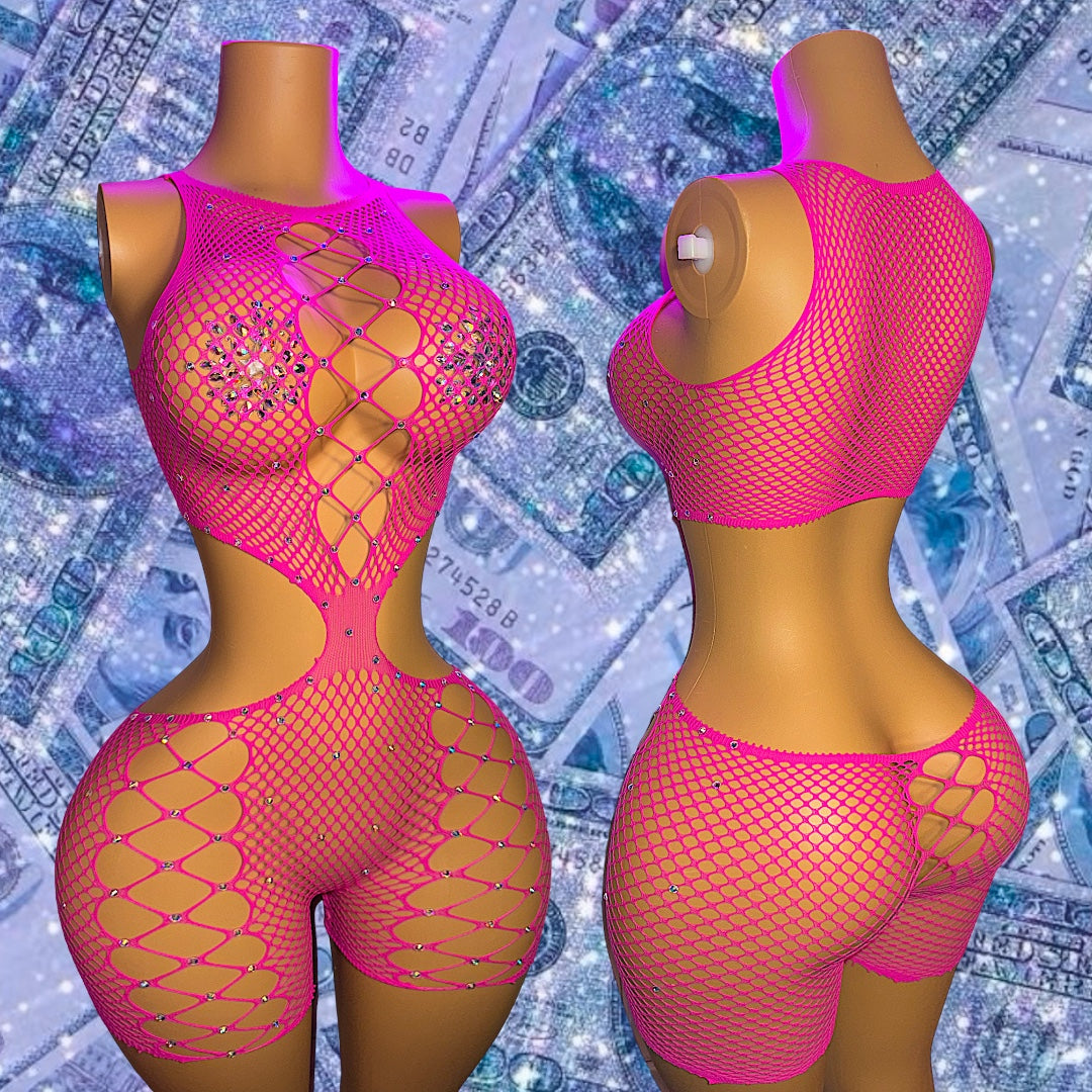 Regina Fishnet Romper and Dress Optional Rhinestones Fits XS-M