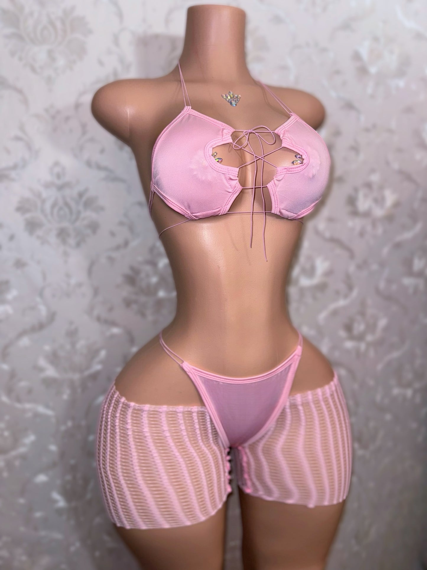 Jayda — 3 Piece Bikini Set with Cut Off Fishnets