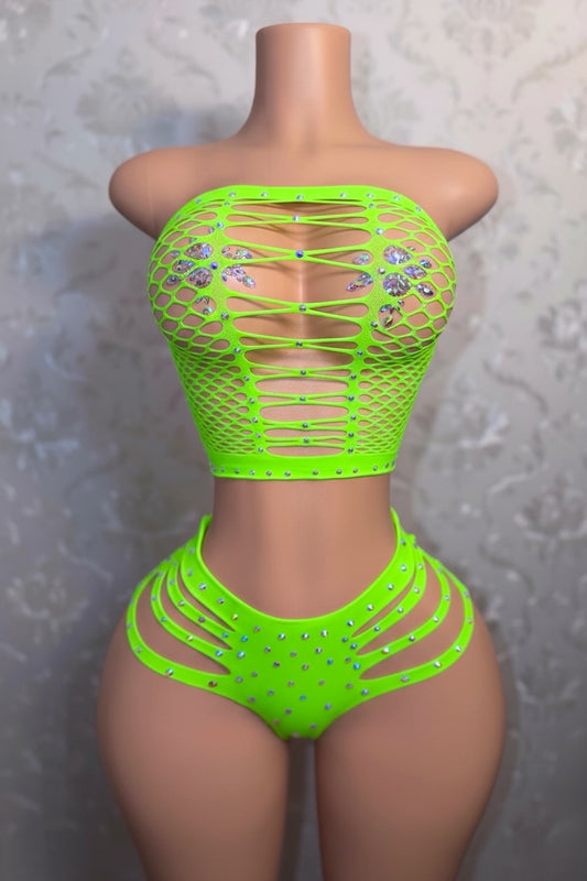 Natina Cheeky Fishnet Bra and Thong Set With Rhinestones One Size Fits All