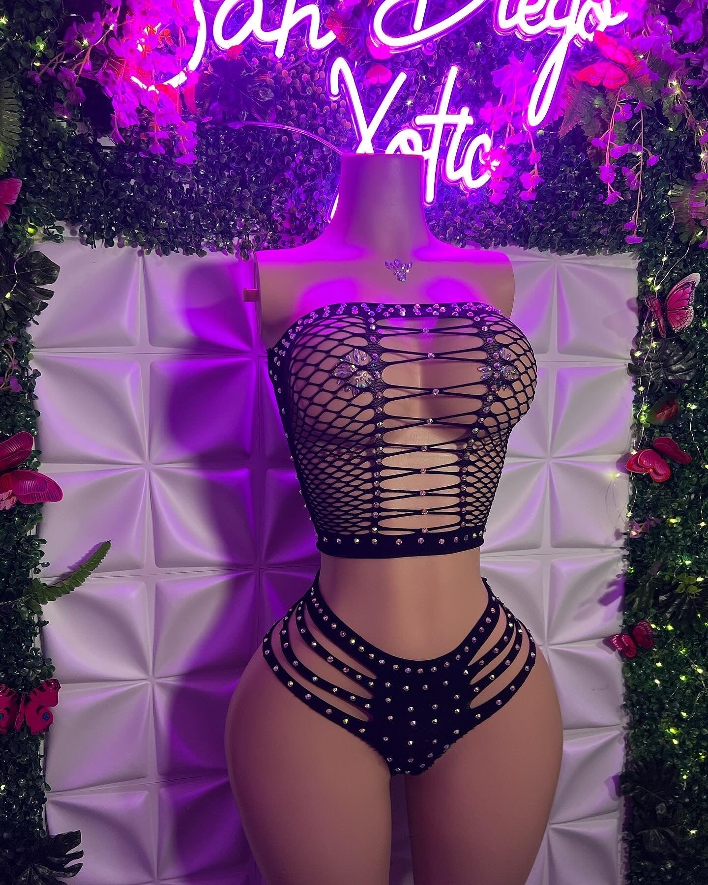 Natina Extra Rhinestone 2 Piece Cheeky Fishnet Set Fits All