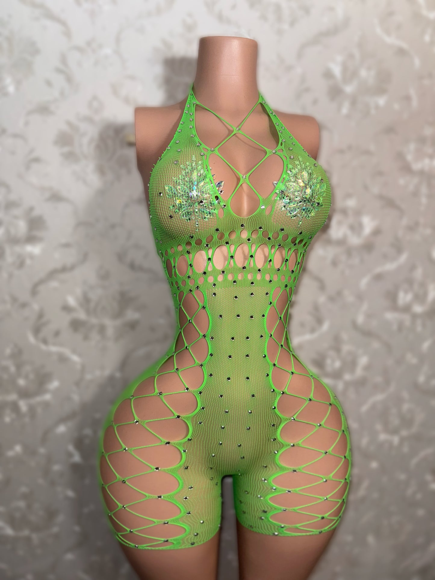 Draya Clear Stones Fishnet Romper Fits XS-L