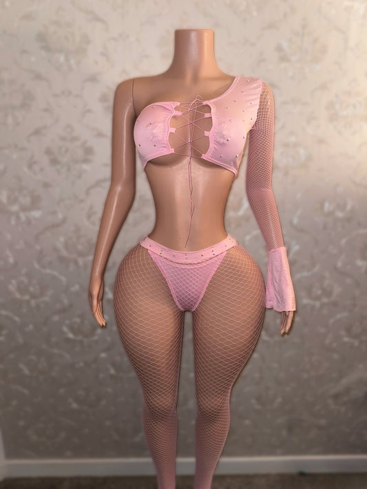 Innocence Asymmetrical Bell Sleeve Fishnet Pant Set Fits XS-M