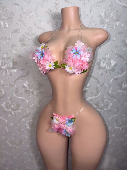Garden Nymph 3D Flowers Bikini Optional Fishnets
