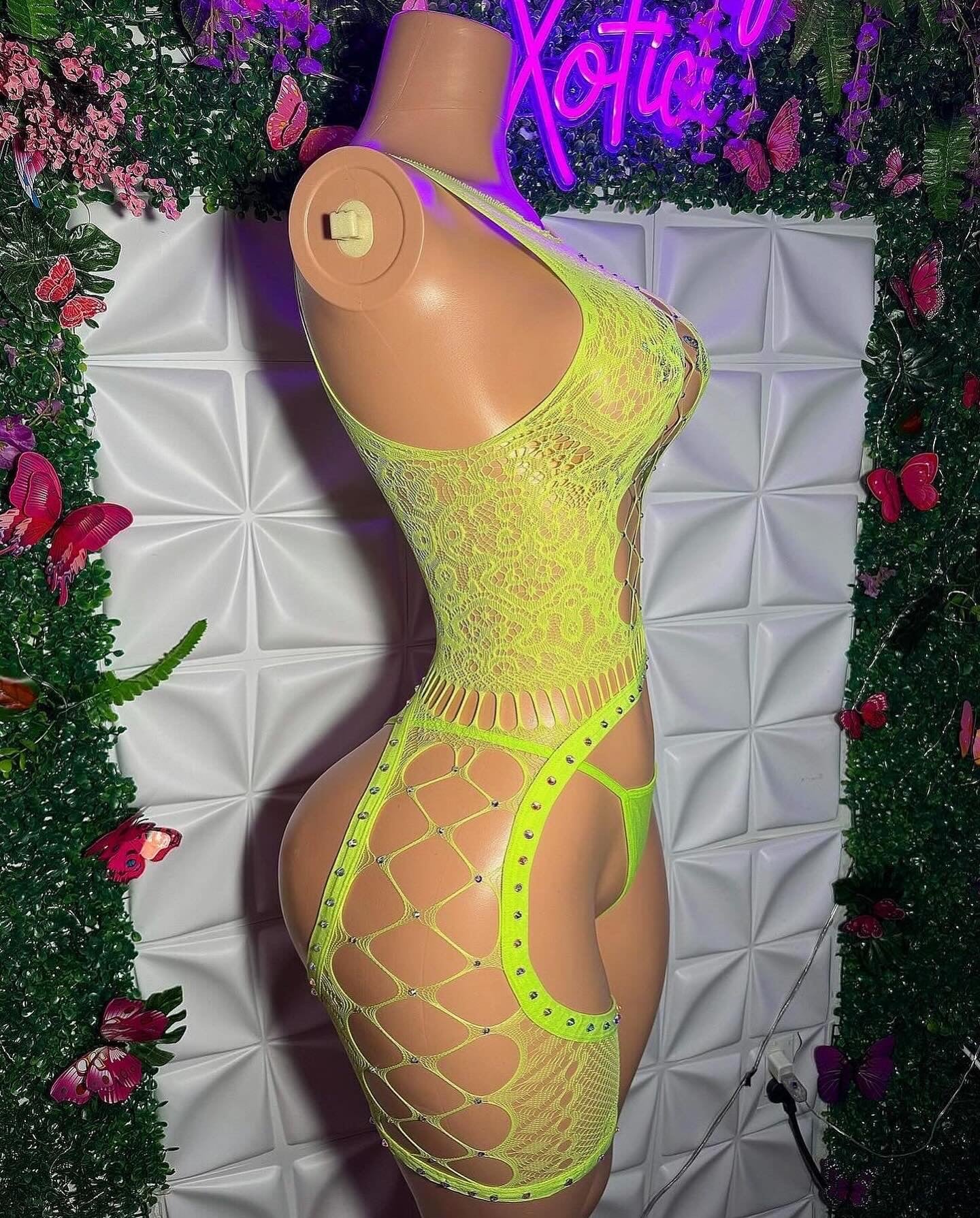 Soda Pop Asymmetrical Lace Fishnet Romper with Thong Fits XS-M