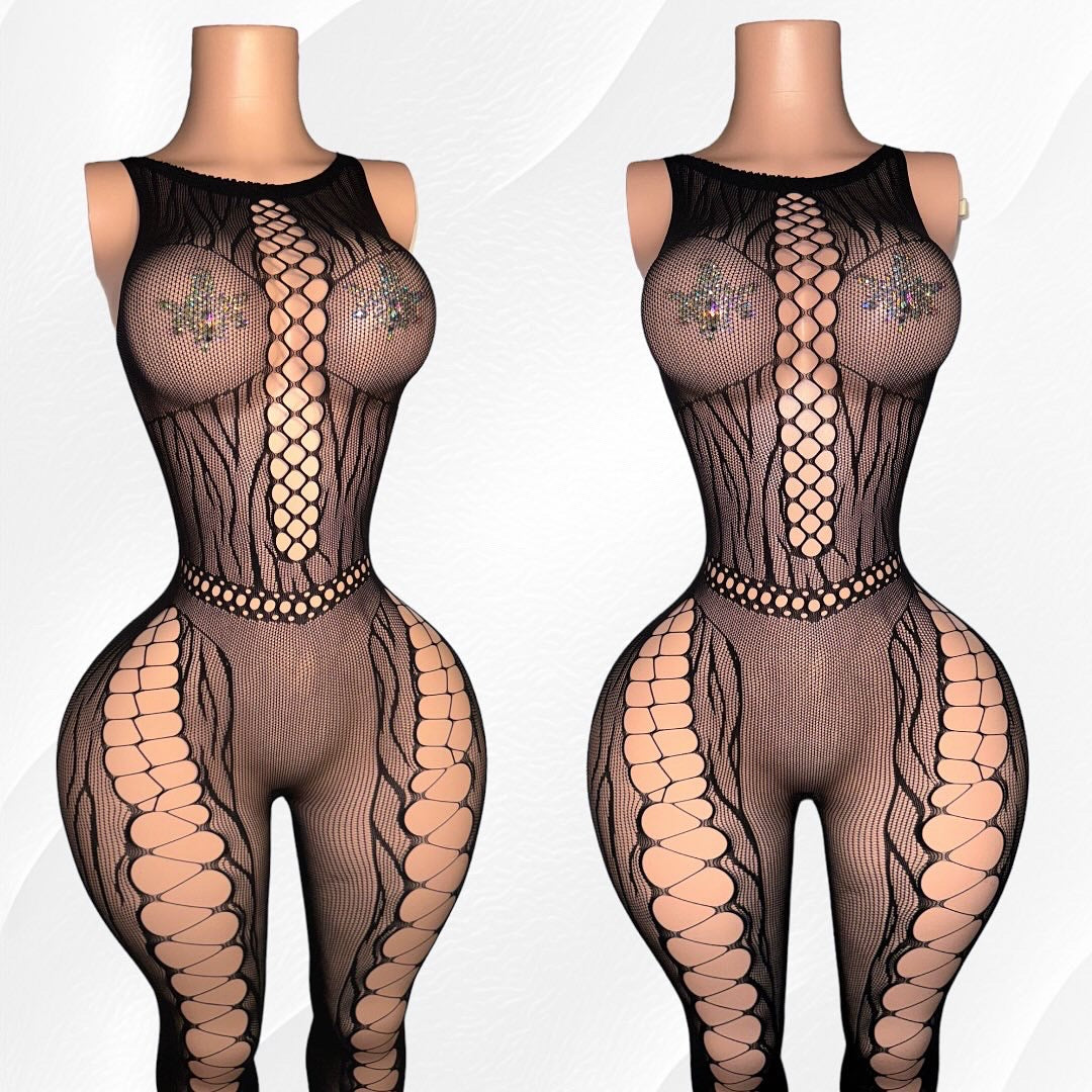 Xina Zebra Mesh Crosshatch Fishnet Jumpsuit Fits S-XXL