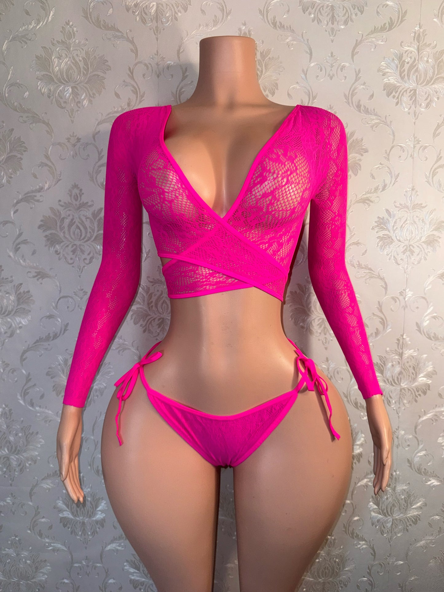 Venus Fishnet Criss Crossed Long Sleeve Top and Thong Fits XS-L