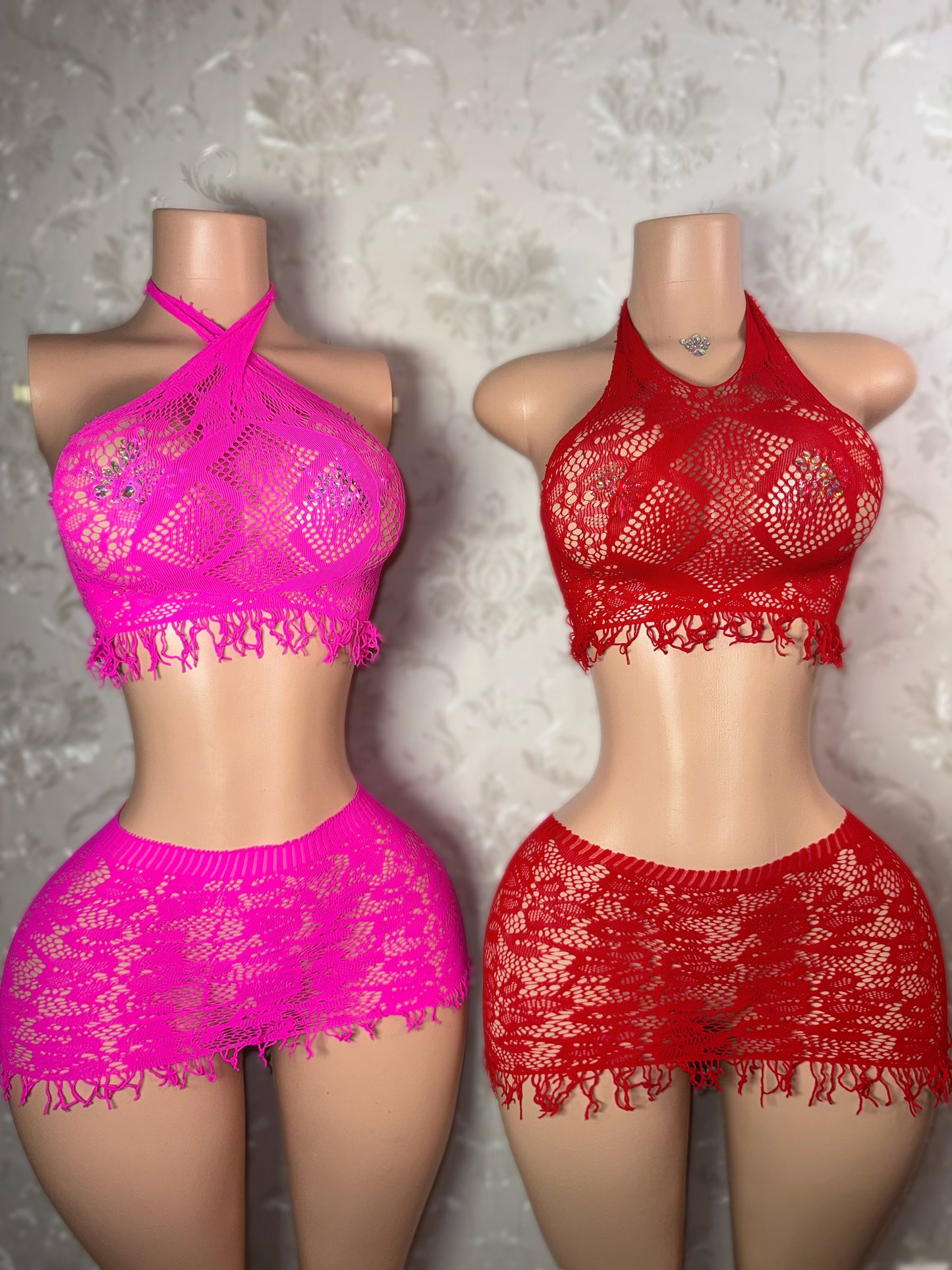Amber — Fringe Fishnet Tank and Skirt Bikini Cover Up Set Fits XS-L