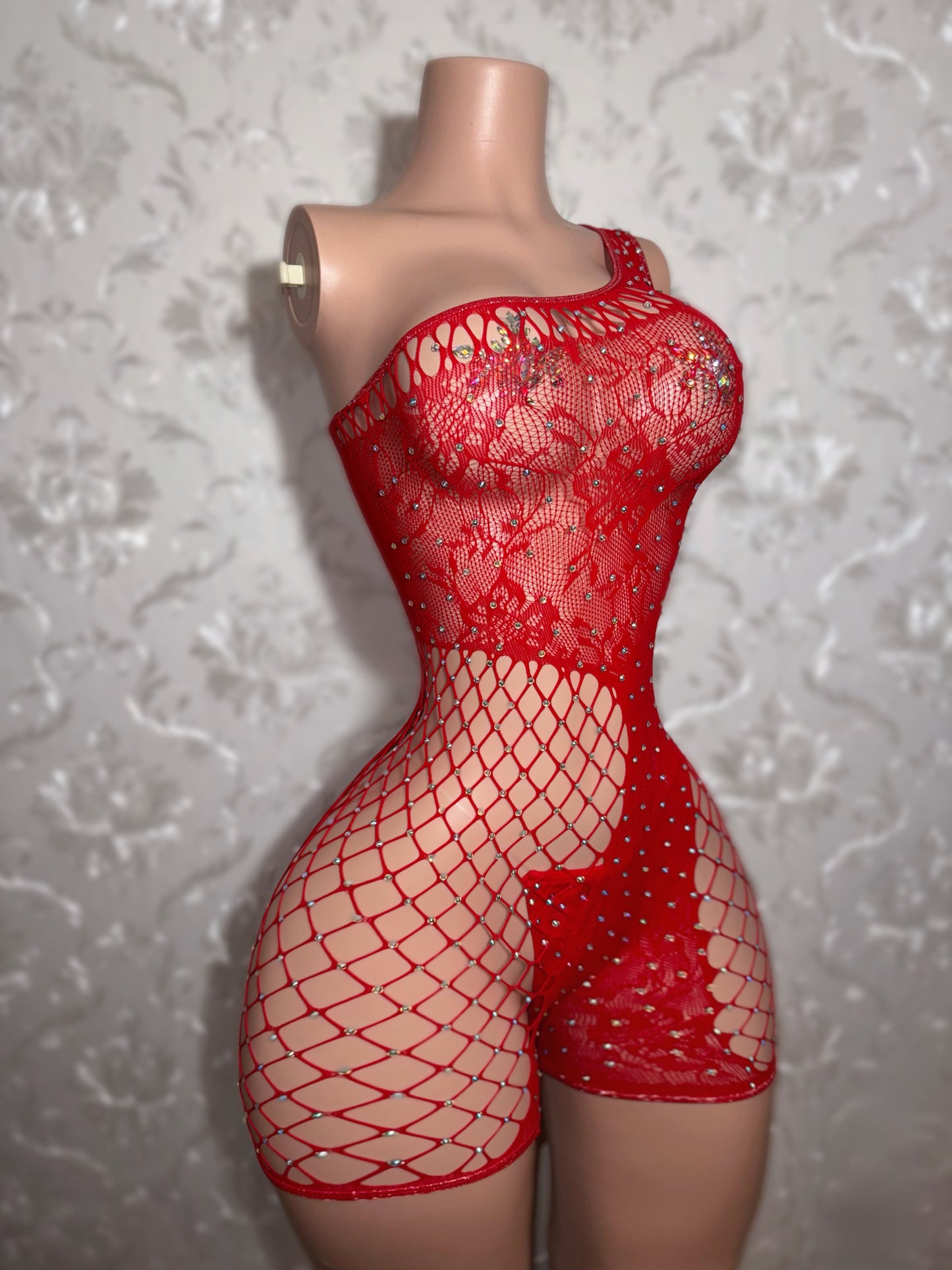 Lace Detail Asymmetrical Fishnet Romper Fits XS-L
