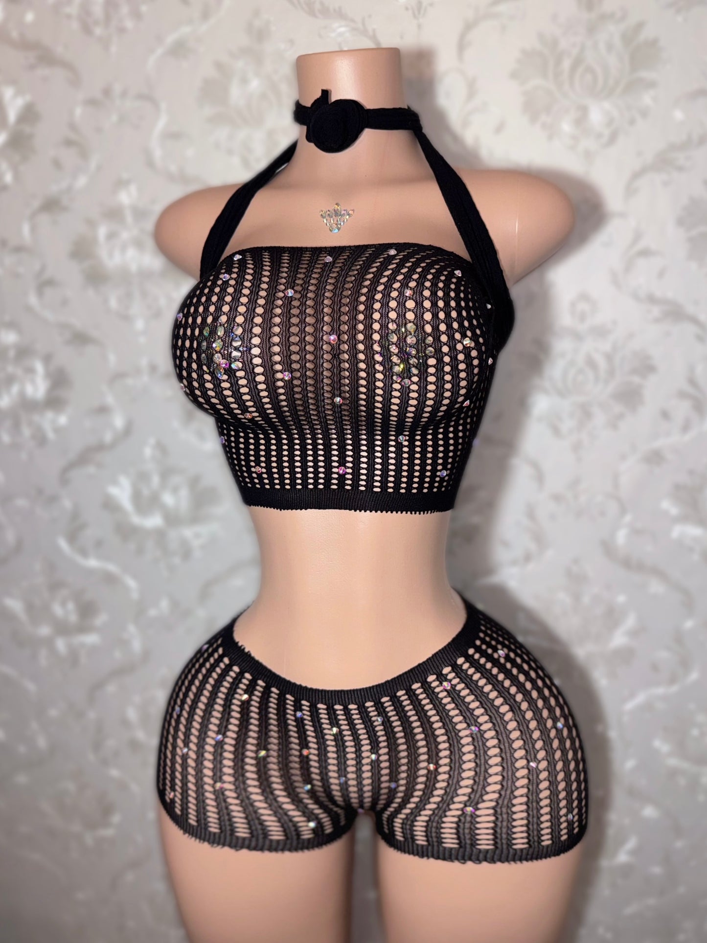 Caleesi — Fishnet Long Sleeve Top and Shorts Set Bantu Knot Fits XS-L