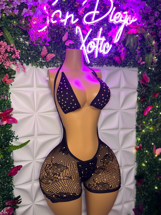 Plain Jane Fishnet Overalls and Bikini with Extra Rhinestones 3 Piece Set Fits XS-L