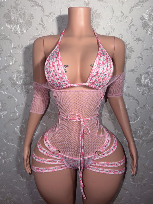 Pinkface 3 Piece Shorts Set With Fishnet Dress Fits S-L
