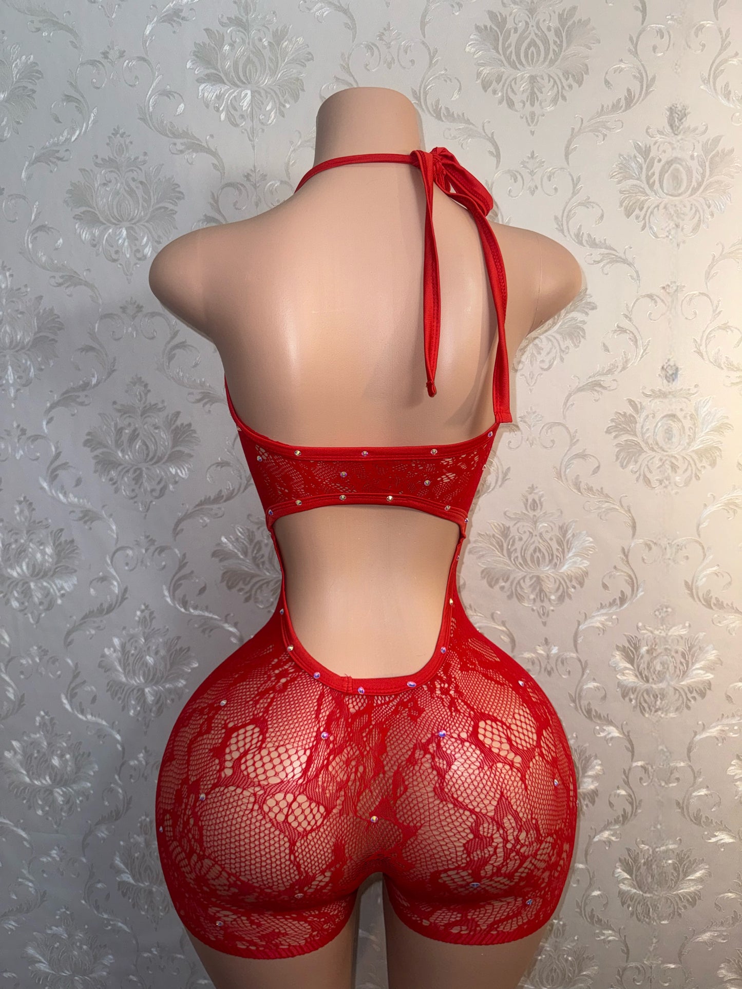 Lil Red Ridin Hoodcess Lace Fishnet Romper Fits XS-M