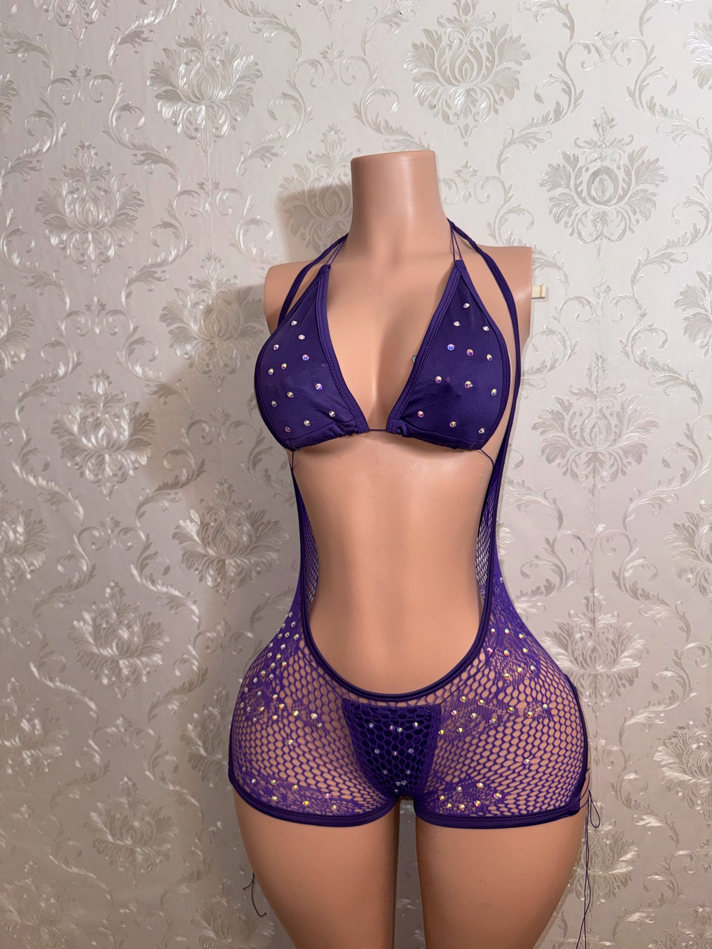 Plain Jane — Fishnet Hammock Shorts & Bikini 3 Piece Set Extra Rhinestones Fits XS-L
