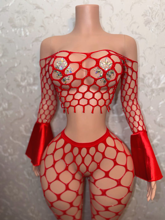 Ruby Red Stella Rhinestone Flare Fishnet Legging Set Fits XS-L