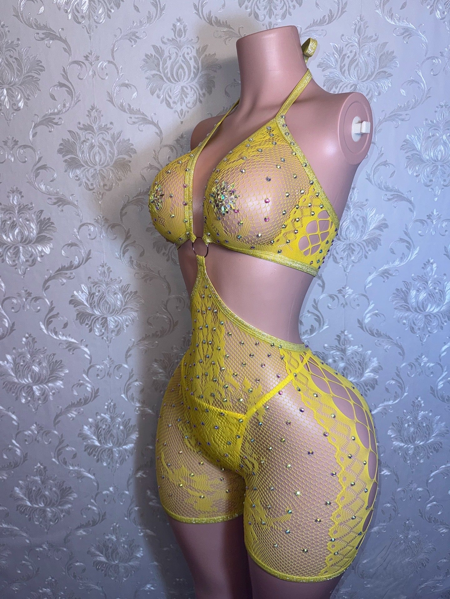 Splash Lace Fishnet Romper and Thong Fits XS-L