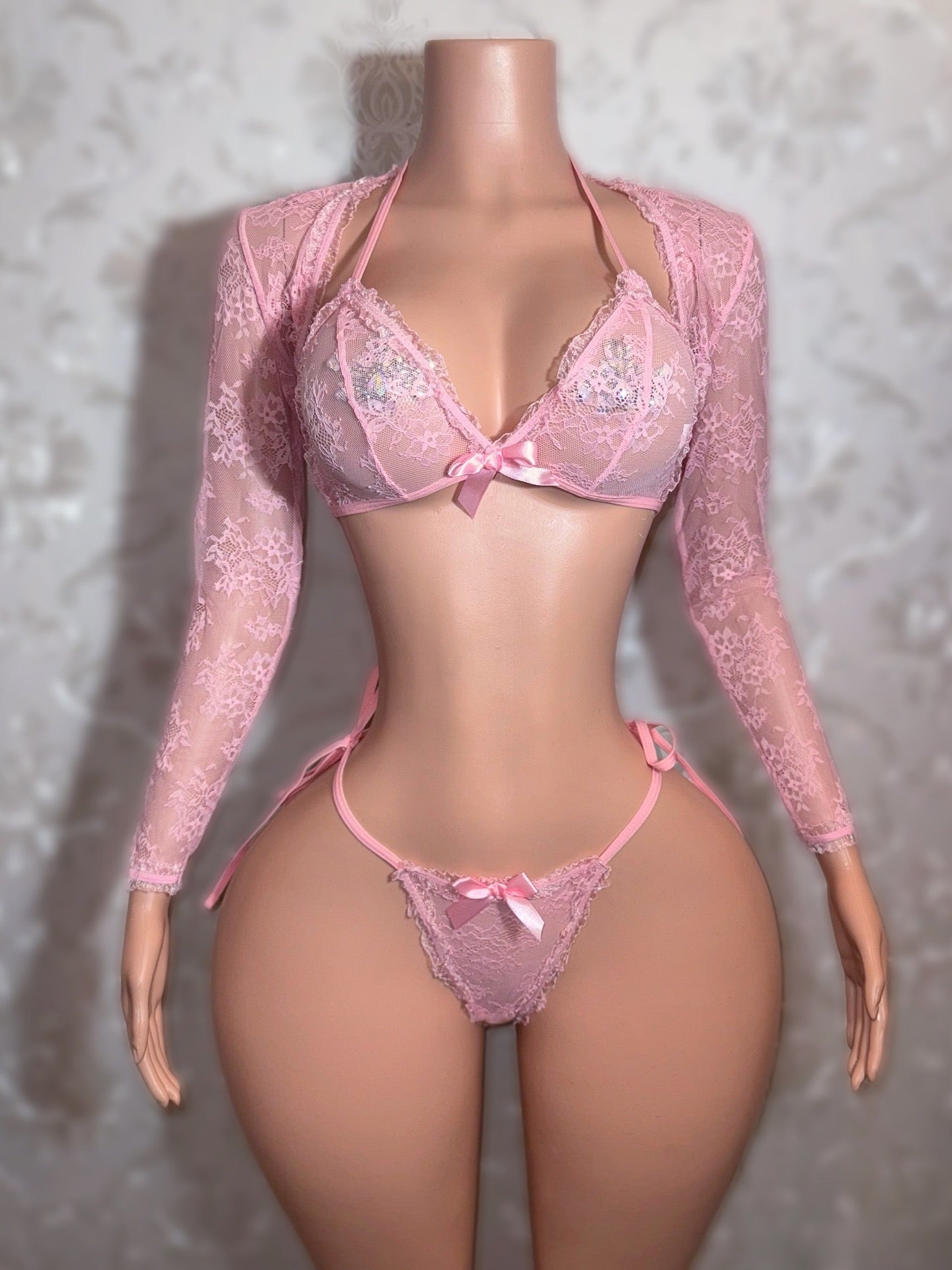 Garden Nympho — Baby Pink Lace 3 Piece Bikini & Shawl Set