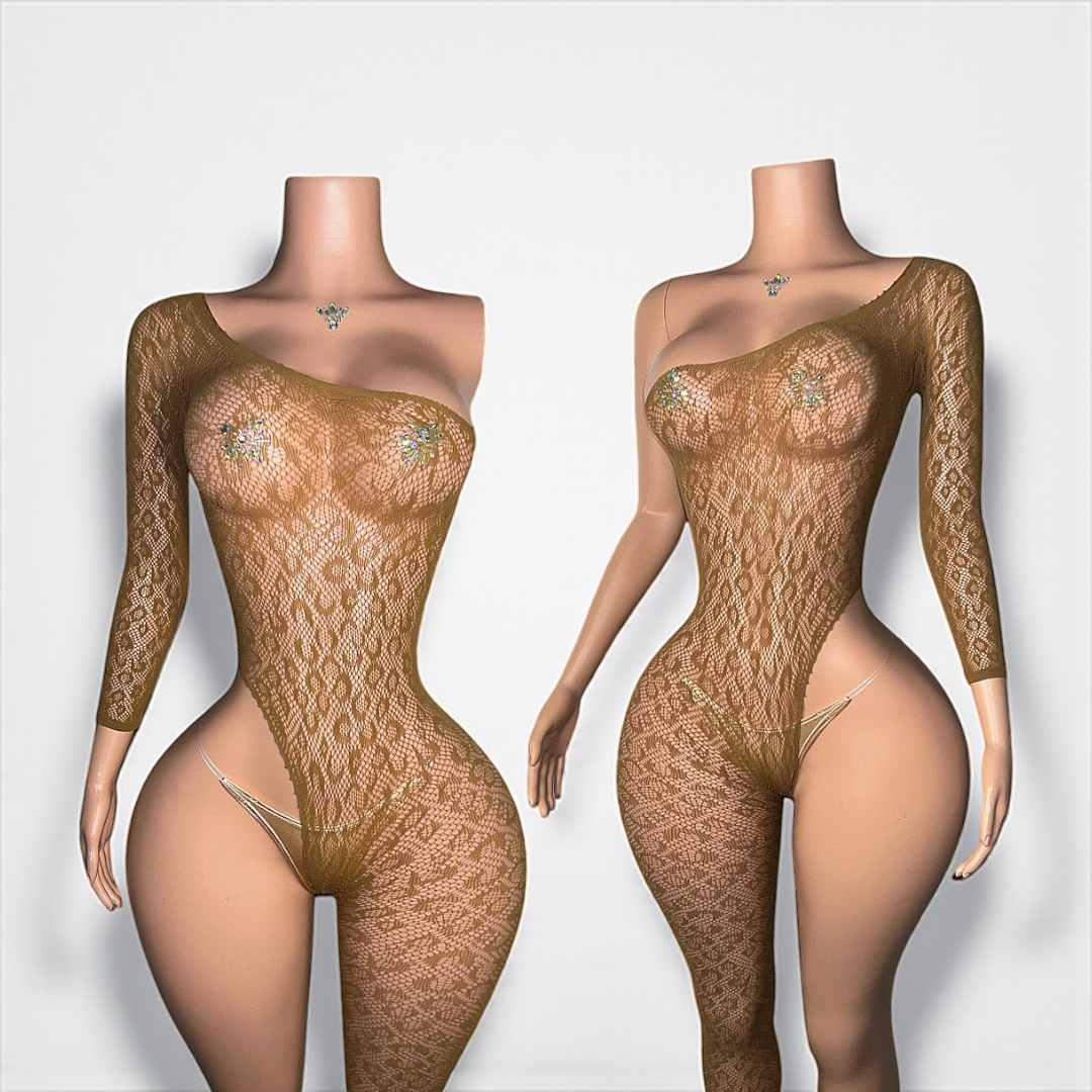 Bernice Cheetah Asymmetrical Fishnet Jumpsuit