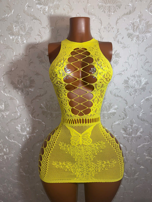 Cleo Lace Fishnet Optional Rhinestone Detail Dress Fits XS-L