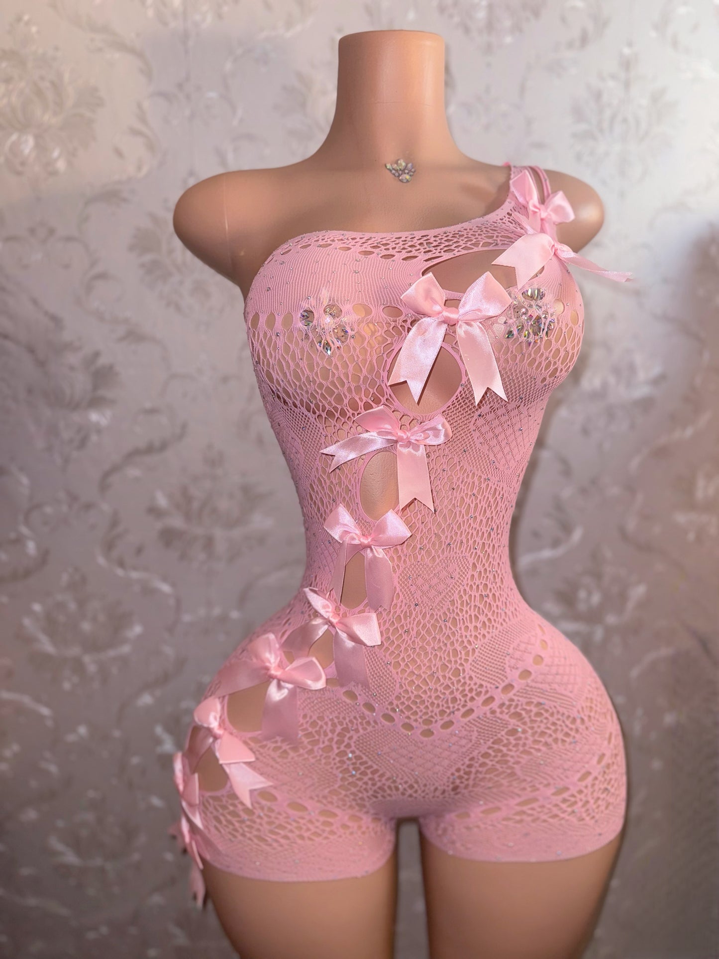 Jaidyn with Bows Fishnet Lace Asymmetrical Romper with Bows Fits XS-XL