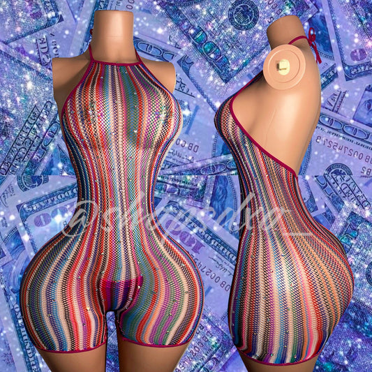 Onika Multicolor Fishnet Romper with Rhinestones
