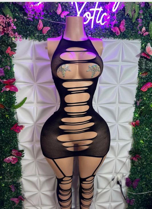 Seductress Curvy Cut Out Mesh Dress with Knee High Garter Stocking Fits All Sizes