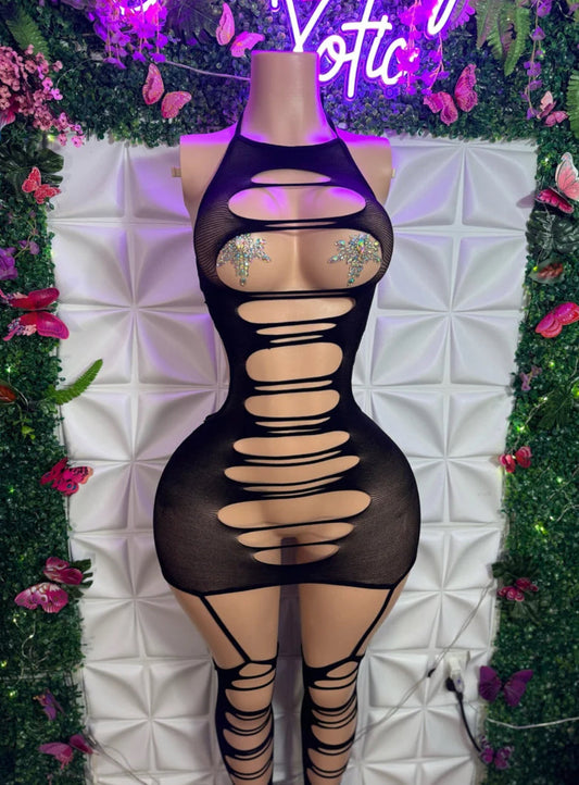 Seductress Cut Out Mesh Dress + Garter Stocking Fits All