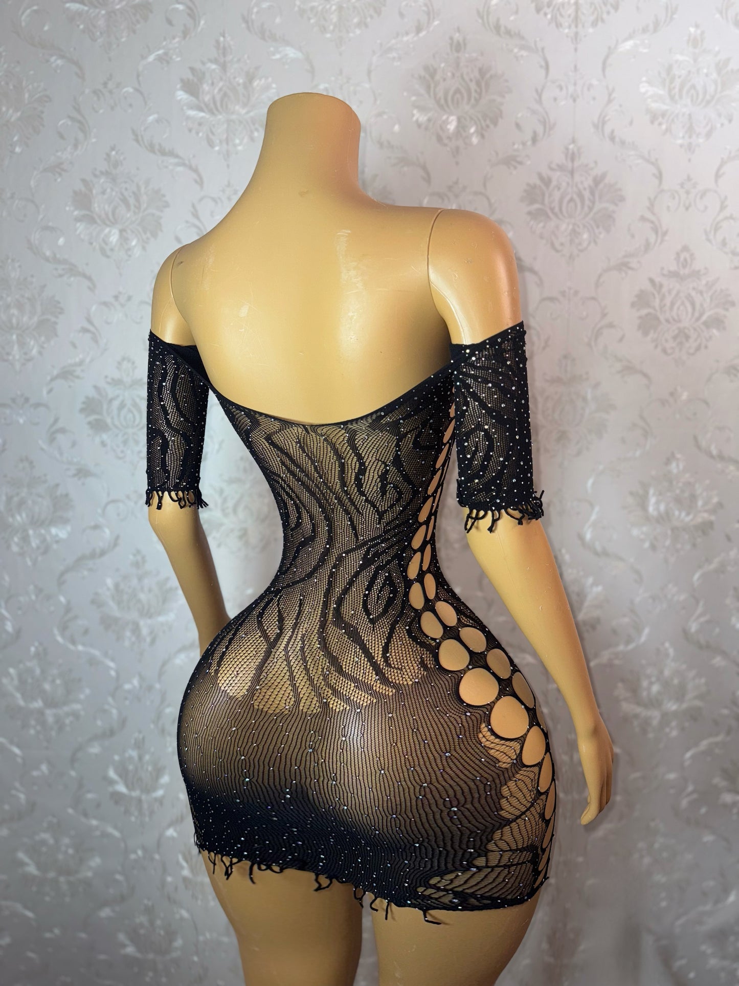 Vendetta — Bedazzled Rhinestone Zebra Fishnet Dress XS-L