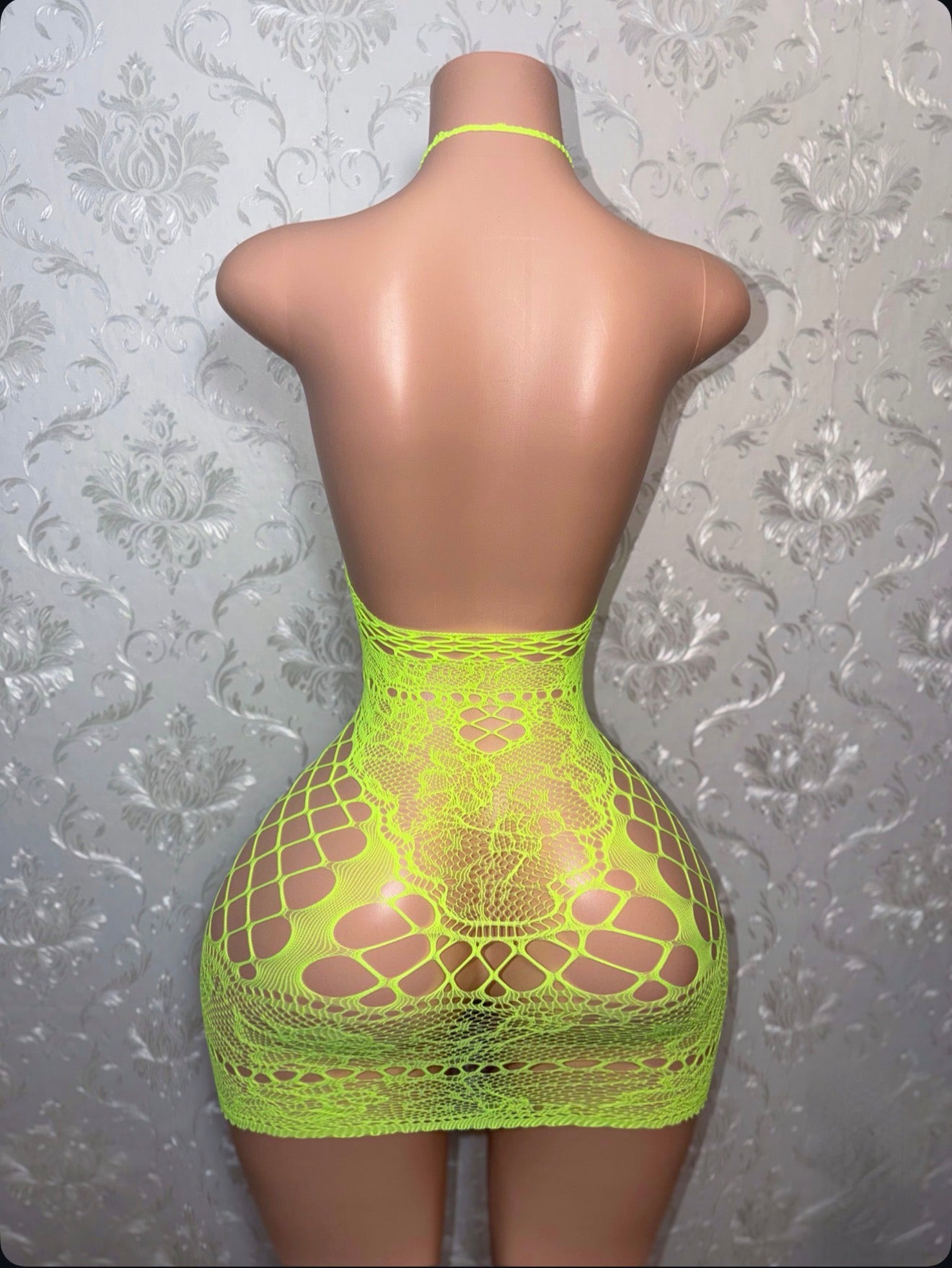 Lace Detail Neon Yellow Fishnet Dress Fits XS-XL