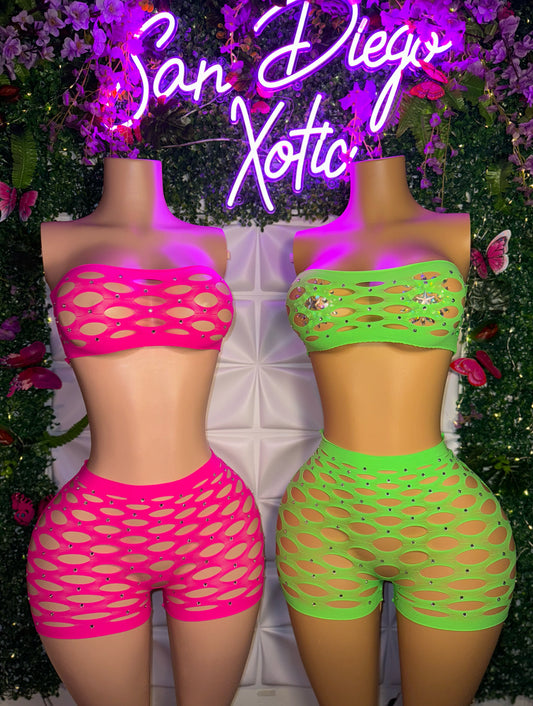 My Type Rhinestone Fishnet Shorts Set Fits XS-L