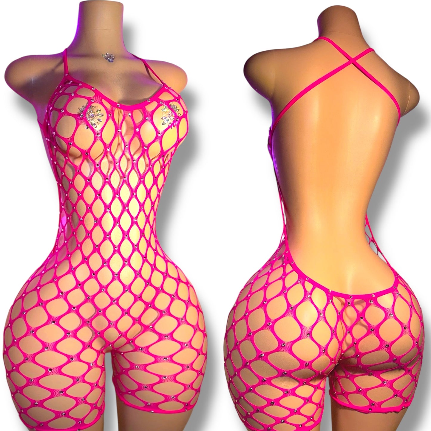 Apple Bottom — Full Coverage Rhinestones Fishnet Romper Fits XS-M