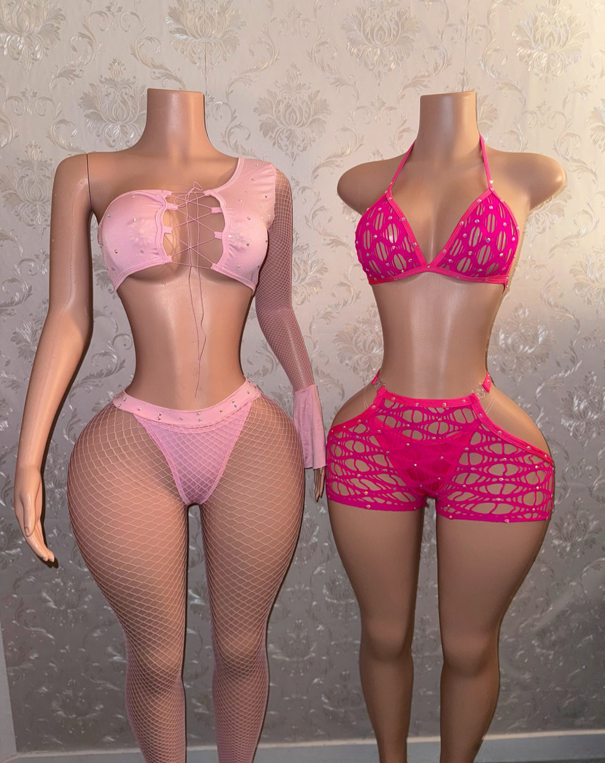 Desiree Rhinestone Fishnet Cutout Hips Clasp 2 Piece Shorts Set Fits S-L