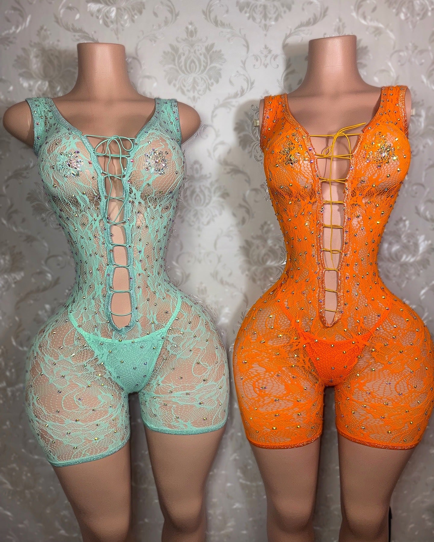 Enchantress Rhinestone Lace Fishnet Romper Set Fits XS-L