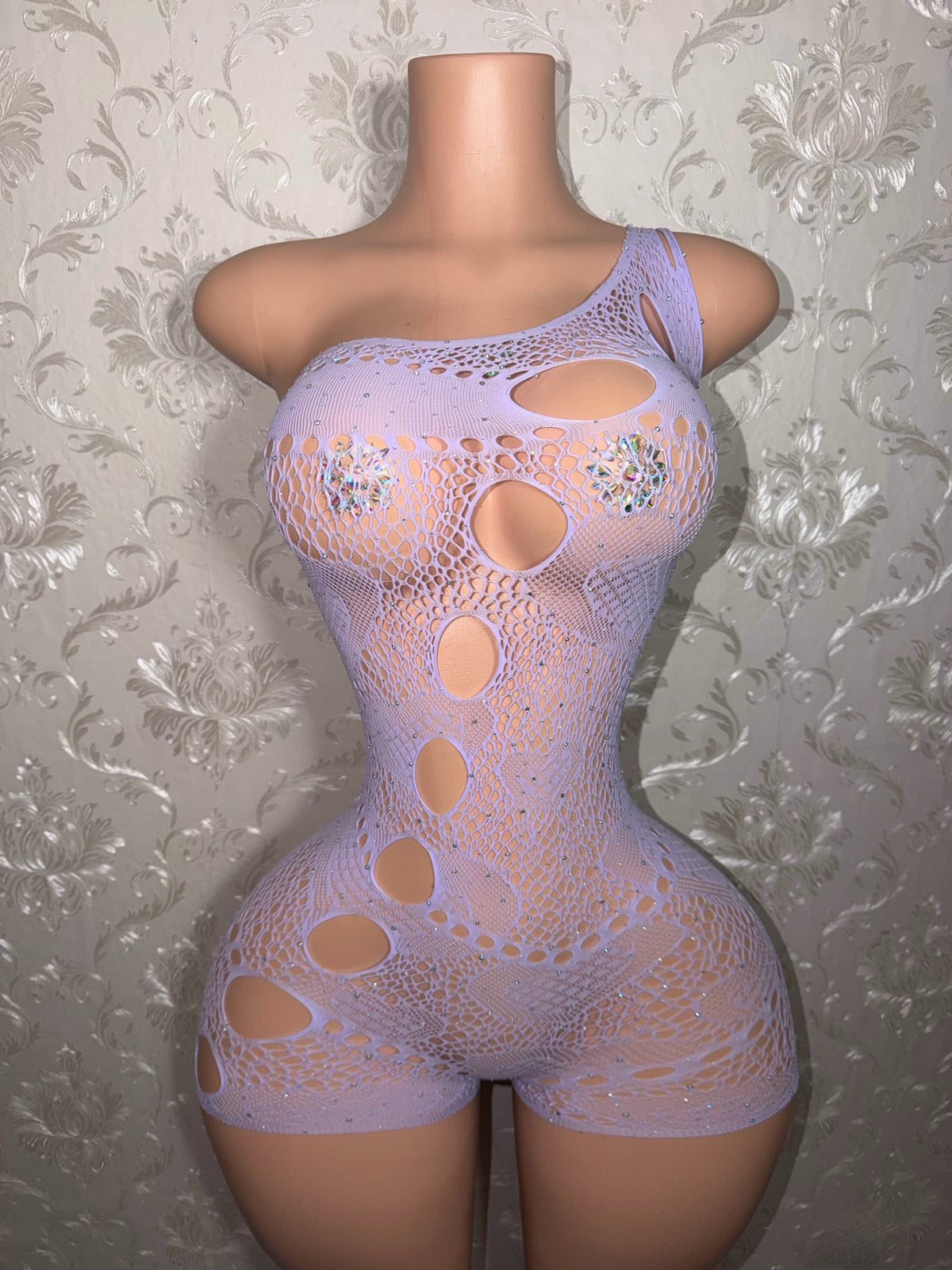 Jaidyn Fishnet Off Shoulder Romper Fits XS-XL