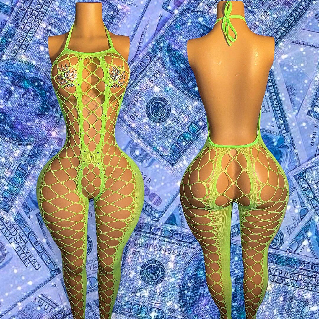 Giana Halter Fishnet Bodystocking with Rhinestones Fits XS-L