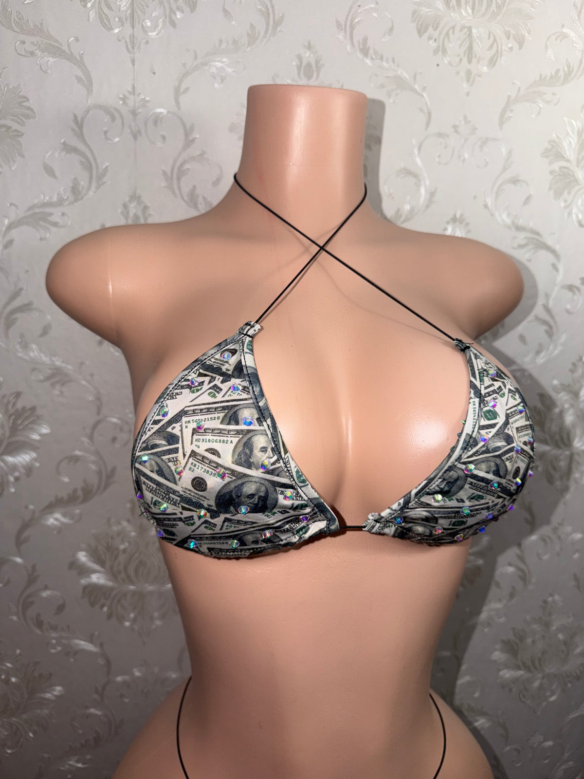 Bankroll Babe Money Print Rhinestone Bikini