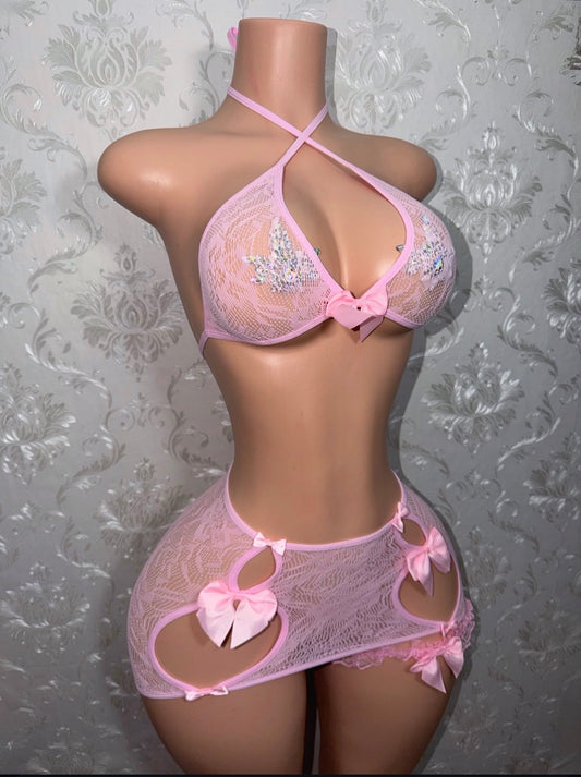 Harajuku Princess Baby Pink Fishnet Skirt Set and Garters Optional Thong Fits XS-M
