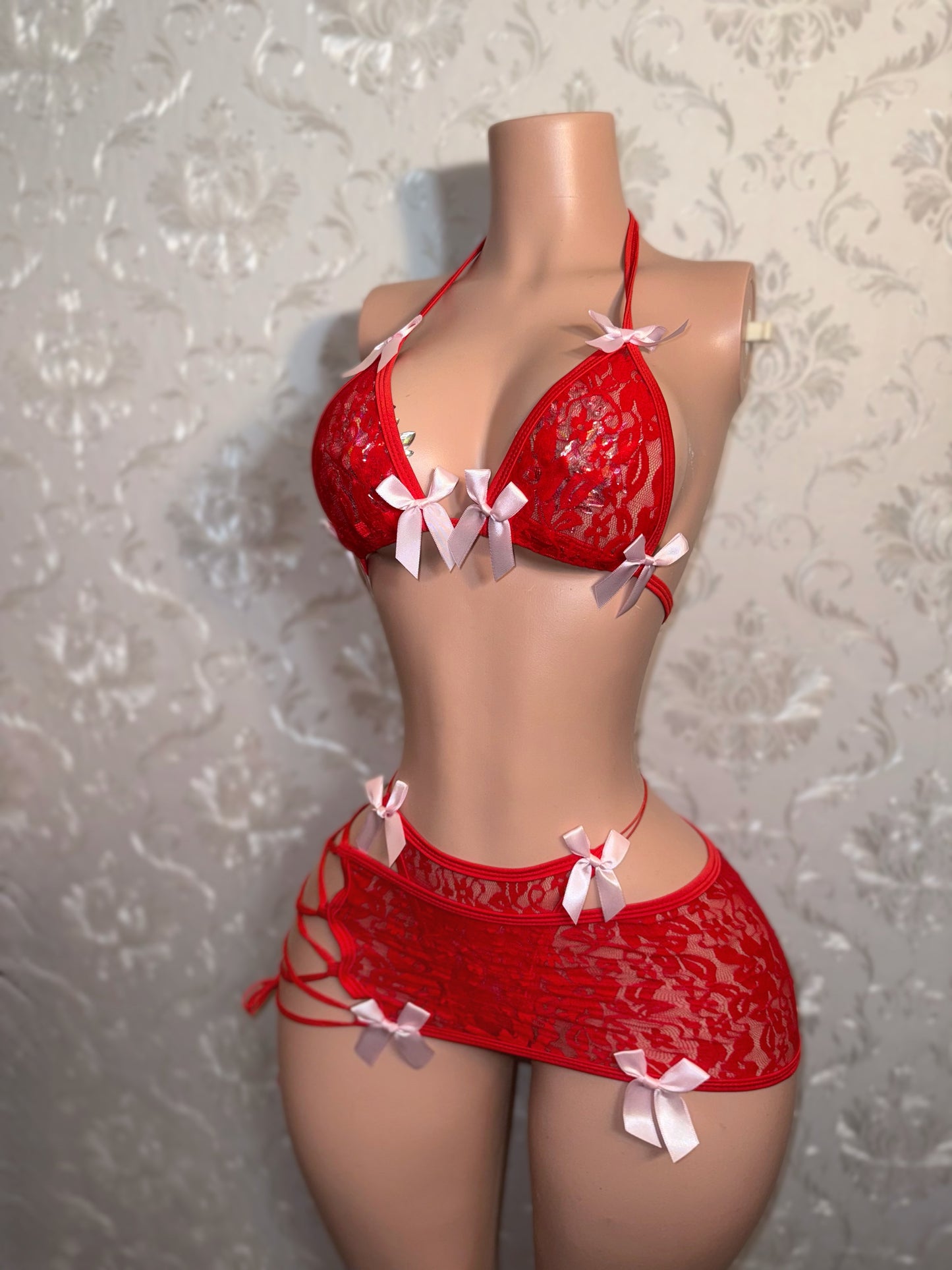 Cherry — Red 3 Piece Lace Skirt Set with Baby Pink Bows Fits XS-M