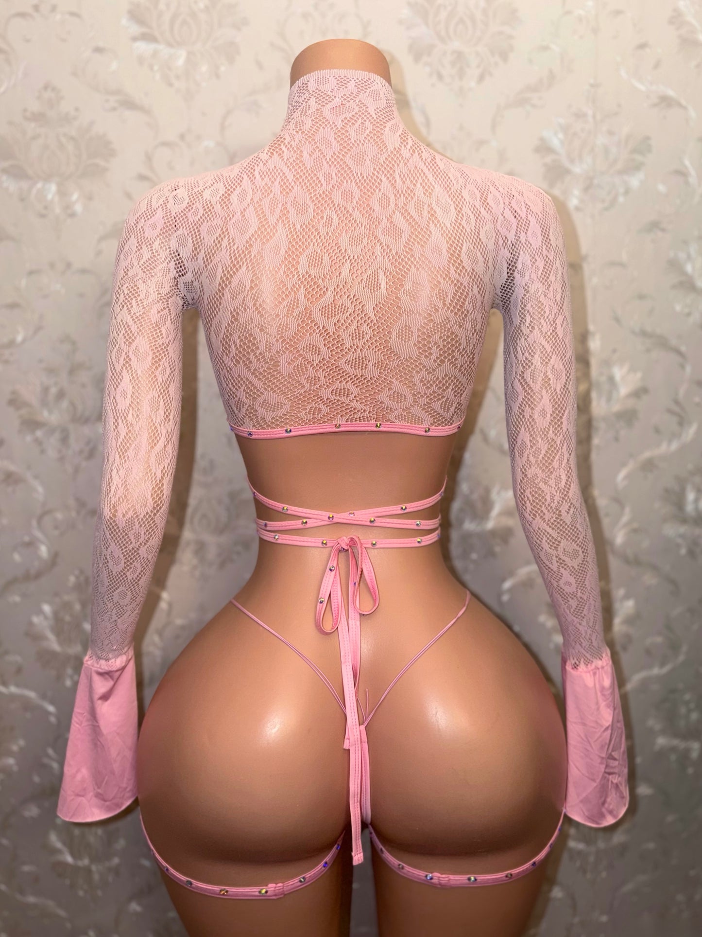 Sweetie Fishnet 3 Piece Bell Sleeve Set with Garters